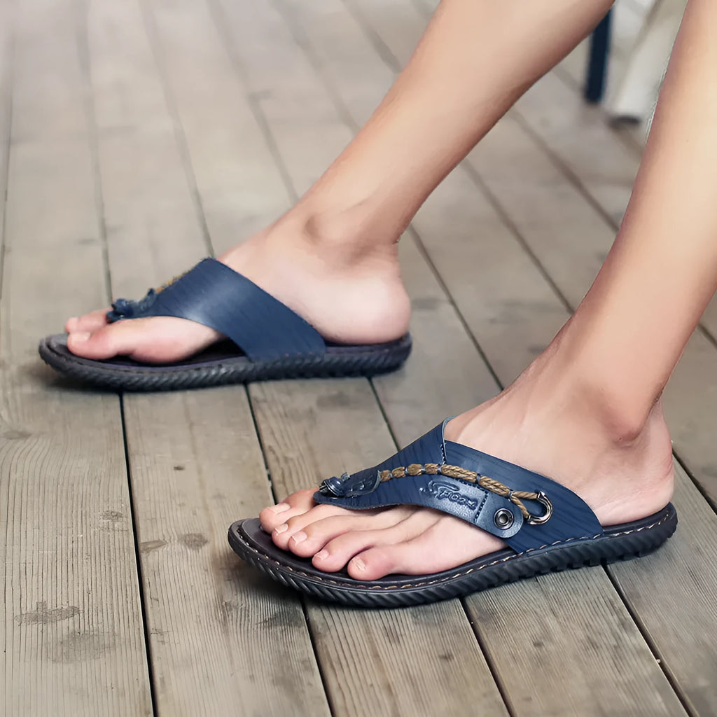 Men's non-slip slippers with PU leather uppers in black, light brown, blue, and khaki colour options