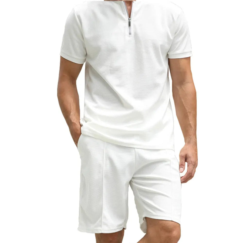 Men's solid colour polo shirt and trousers two-piece set in polyester beaded bird's eye fabric