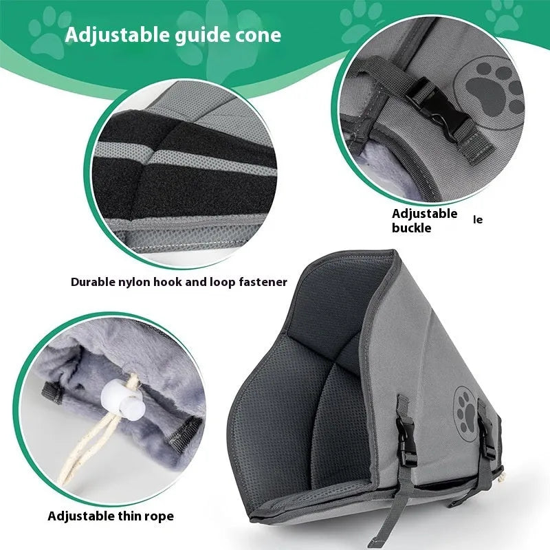 Adjustable fabric pet recovery collar in sizes L, M, XL, shown in double layer and single layer styles.