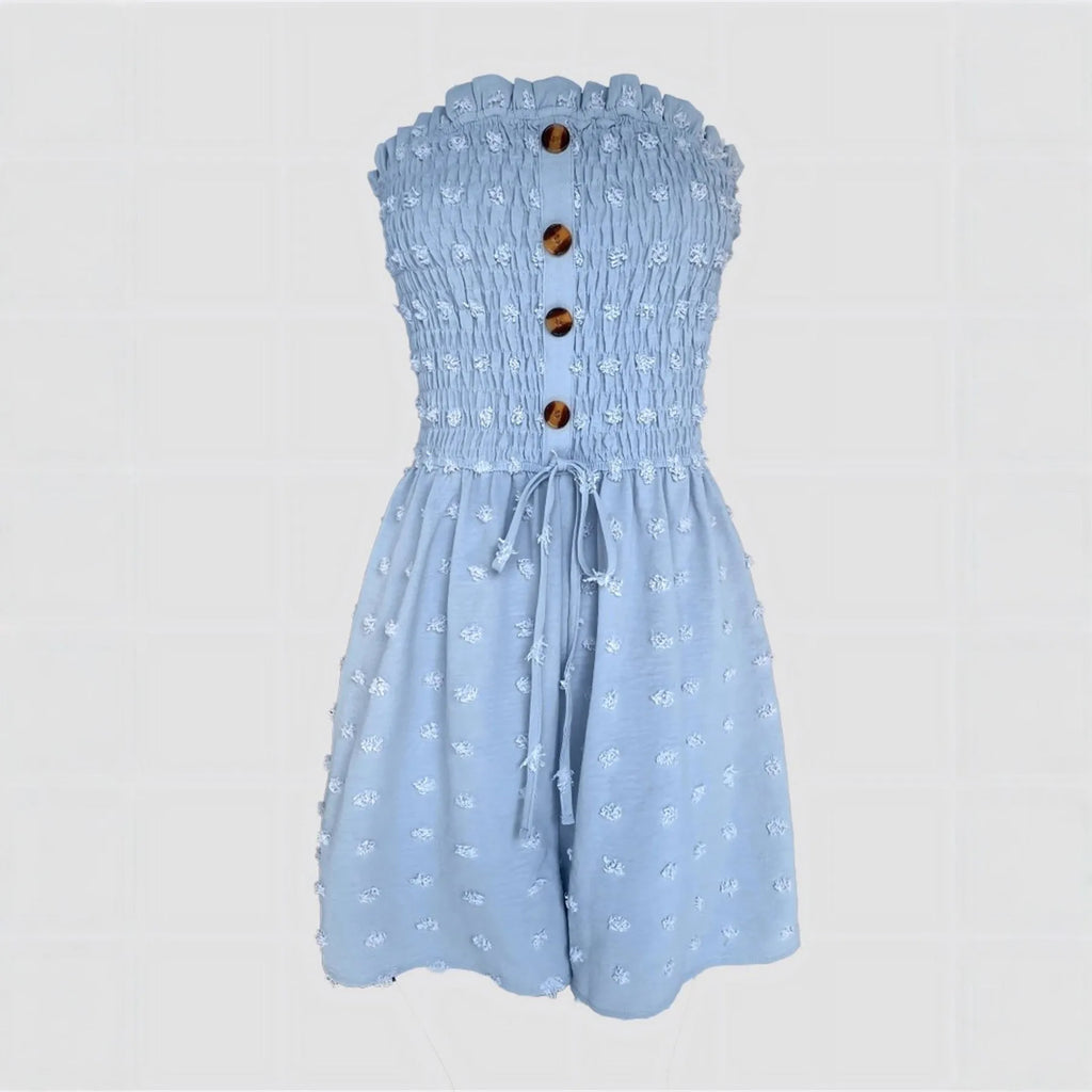 Blue sleeveless off-shoulder women's jumpsuit with button detail and mid waist fit