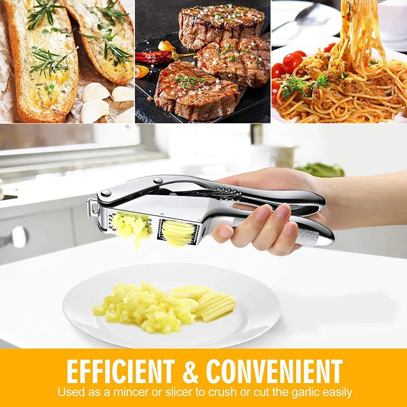 Two-in-one aluminium alloy garlic press with silicone peeler cleaning brush on a kitchen surface