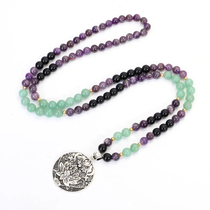 Yoga lotus pendant necklace with stone beads and matching bracelet set
