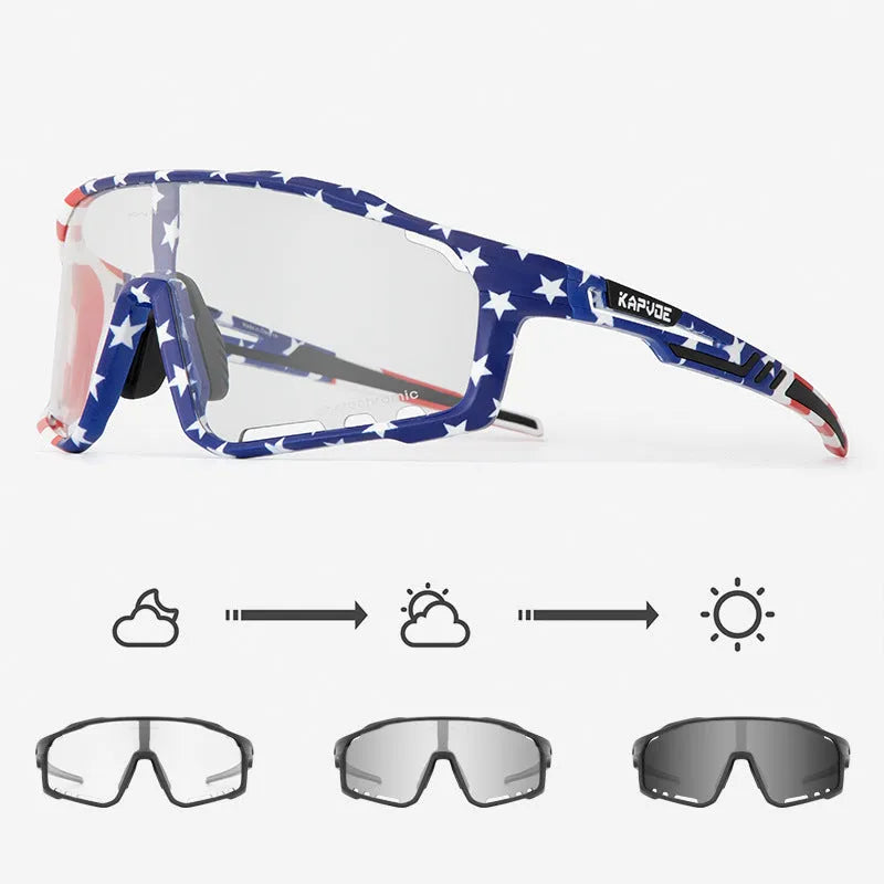Colour-changing cycling sunglasses with photochromic lens and TR90 frame