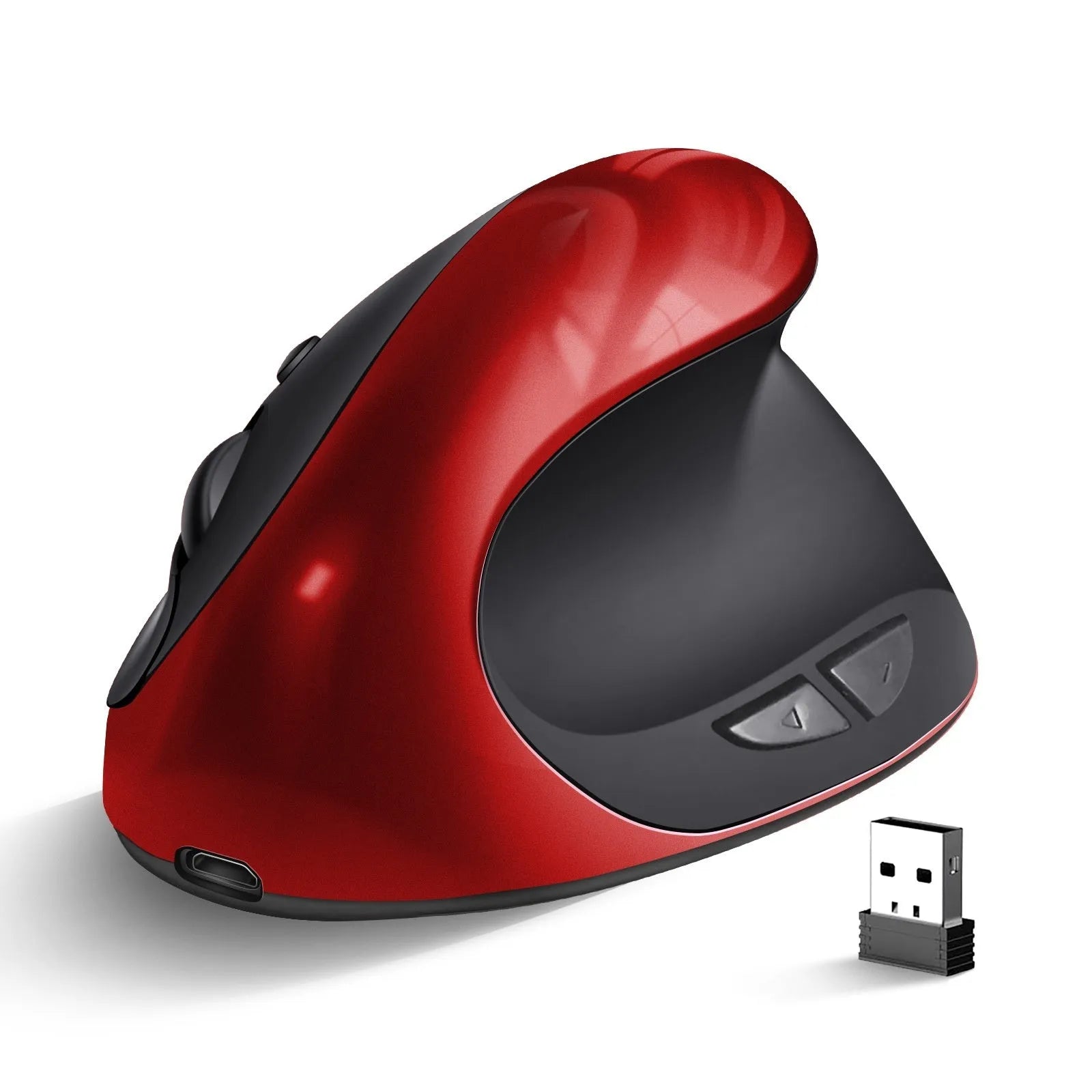 Three Generations wireless vertical ergonomic mouse in black, shown next to a laptop.