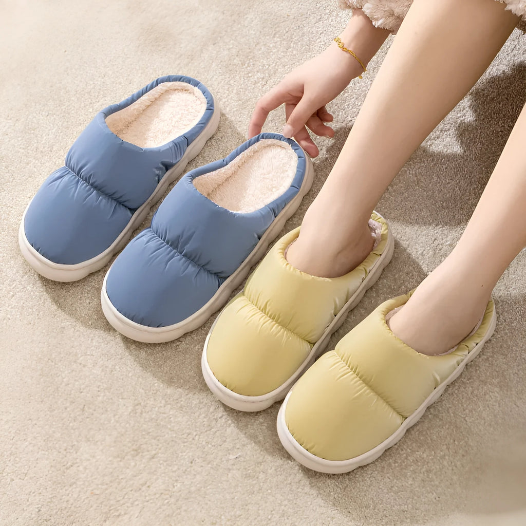 Down cotton slippers with thick rubber soles and artificial leather uppers in multiple colours