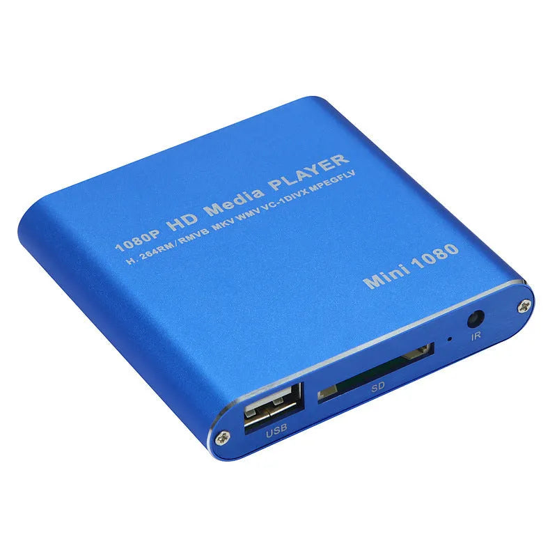 1080p Full HD media player with compact metal housing in black or blue colour