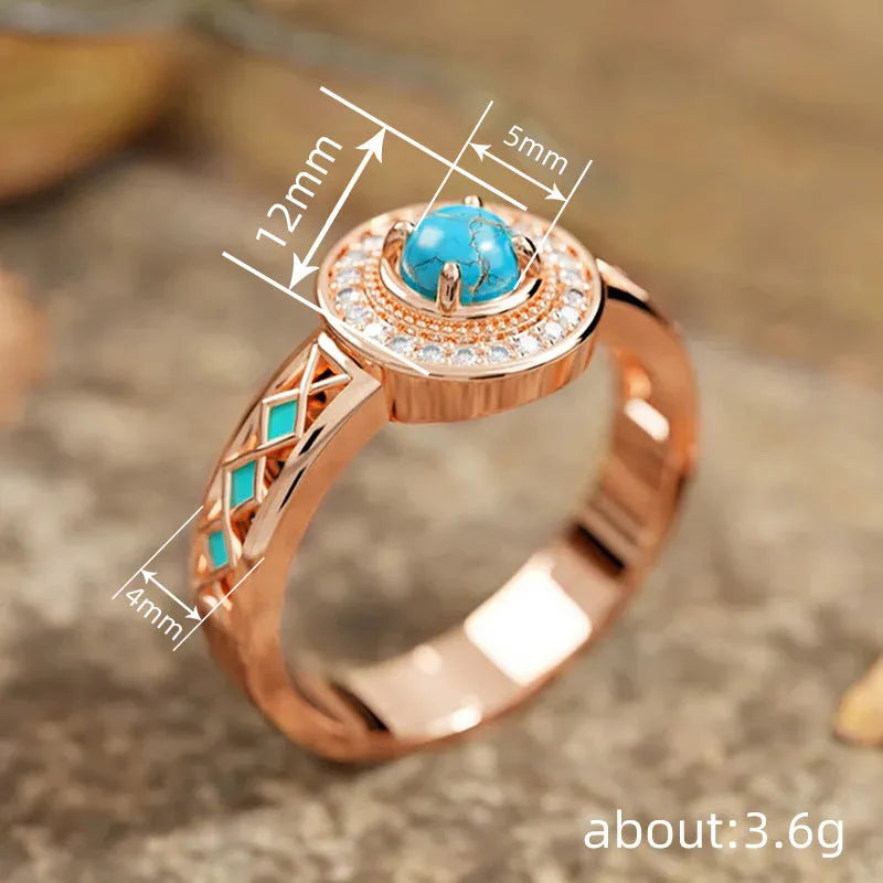 Women's turquoise ethnic style geometric ring with micro inlaid zircon in rose gold colour