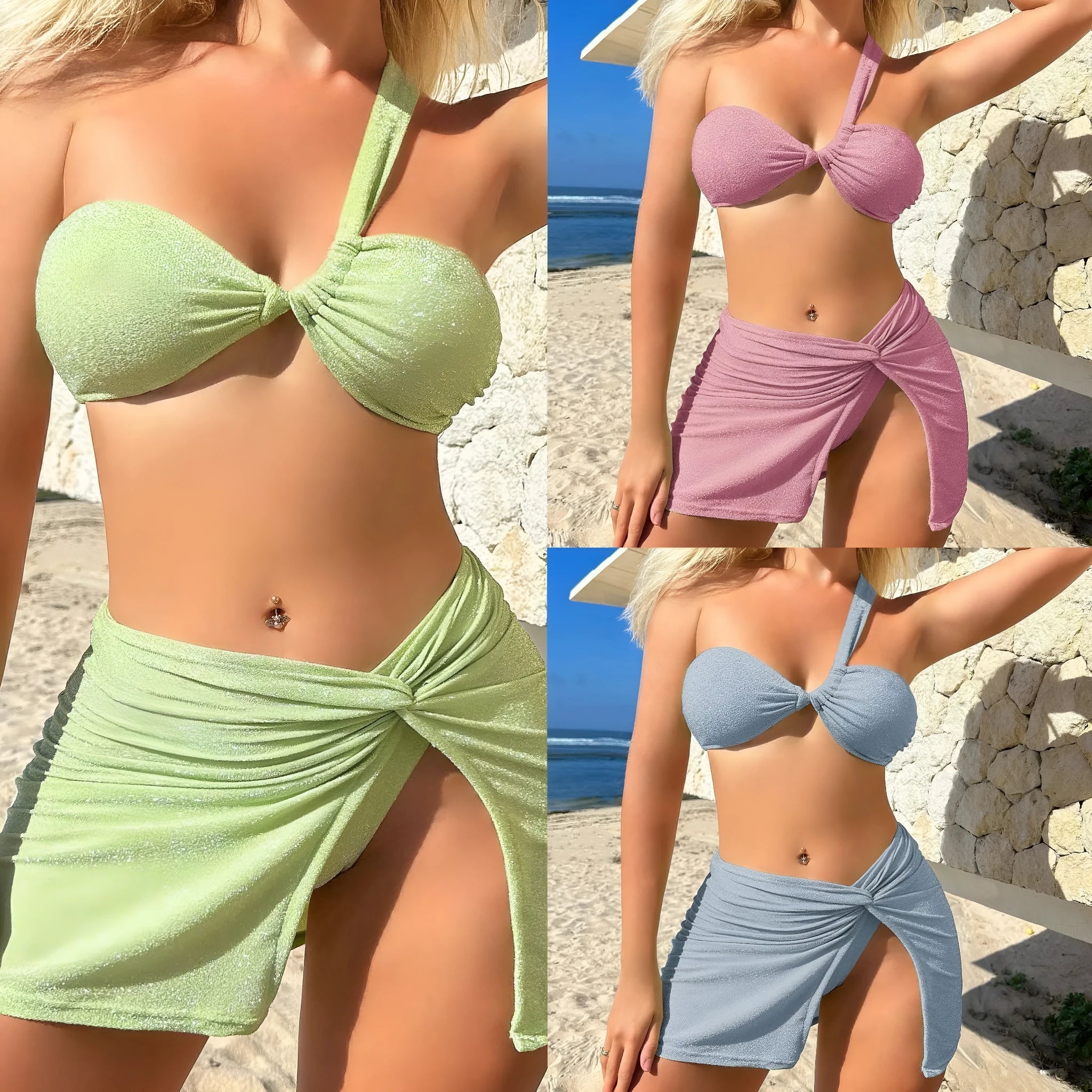 Women's glossy polyester three-piece swimsuit set with one-shoulder tube top in light green colour