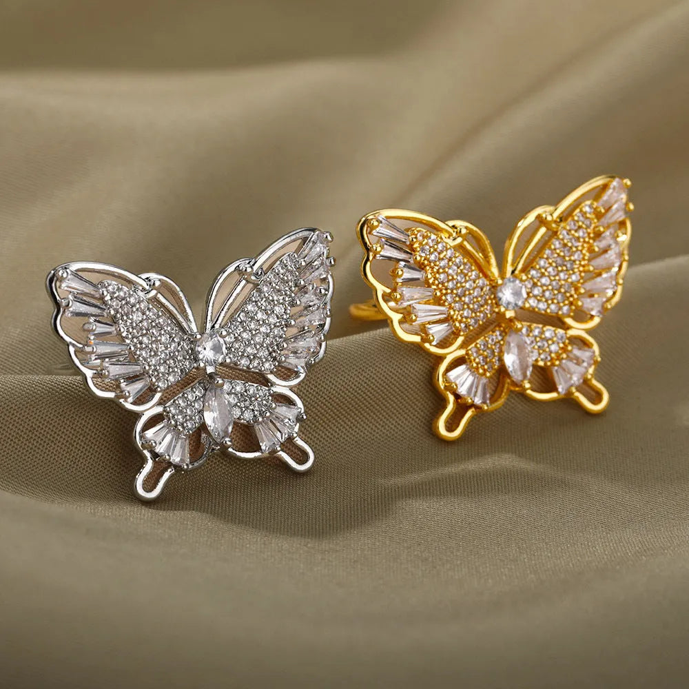 Three-dimensional butterfly-shaped copper ring with gold inlay, adjustable open design for women