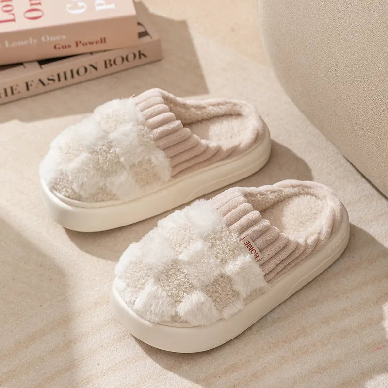 Women's plaid plush indoor slippers with anti-slip sole in multiple colour options