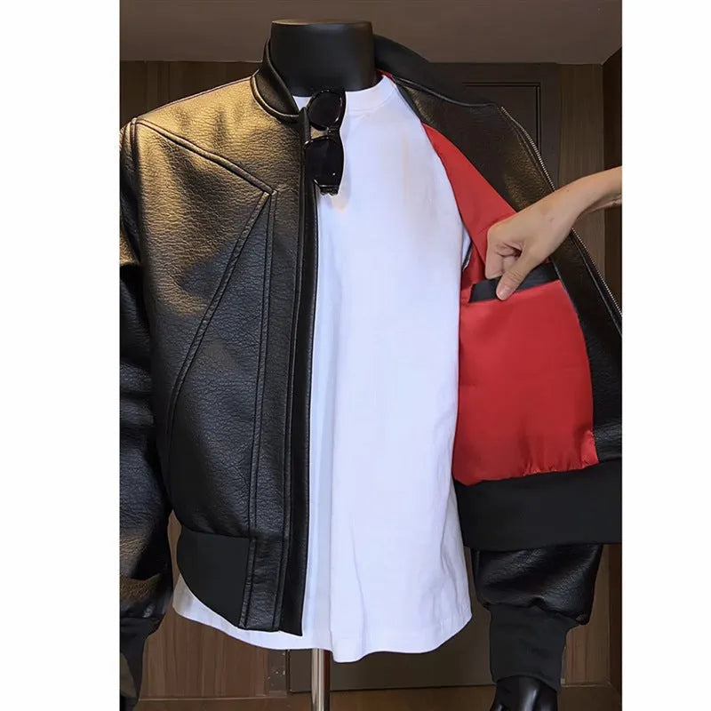 Men's black PU leather jacket with litchi texture and extended 100cm length