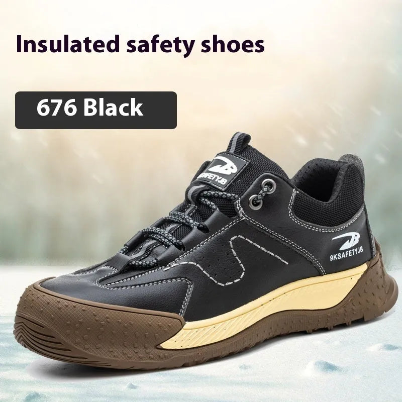 Men's black Flyknit leather work shoes with a safety toe cap and rubber sole on a work site background.