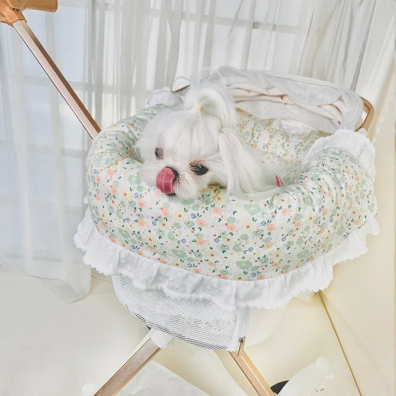 Pure cotton pet stroller set with towel, cushion and pillow in floral pattern