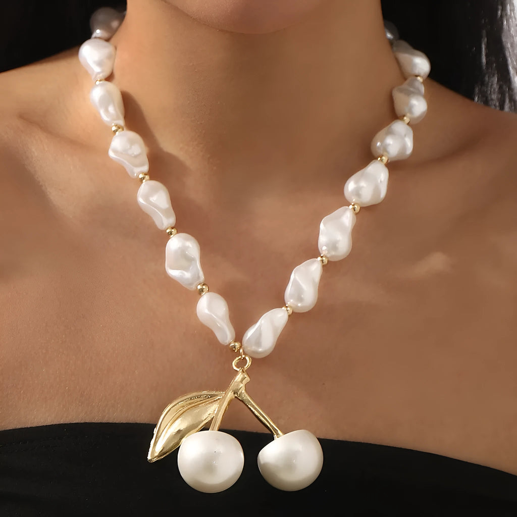 Creative cherry fruit necklace with irregular pearl chain in gold or white K colour, adjustable 51-60cm length