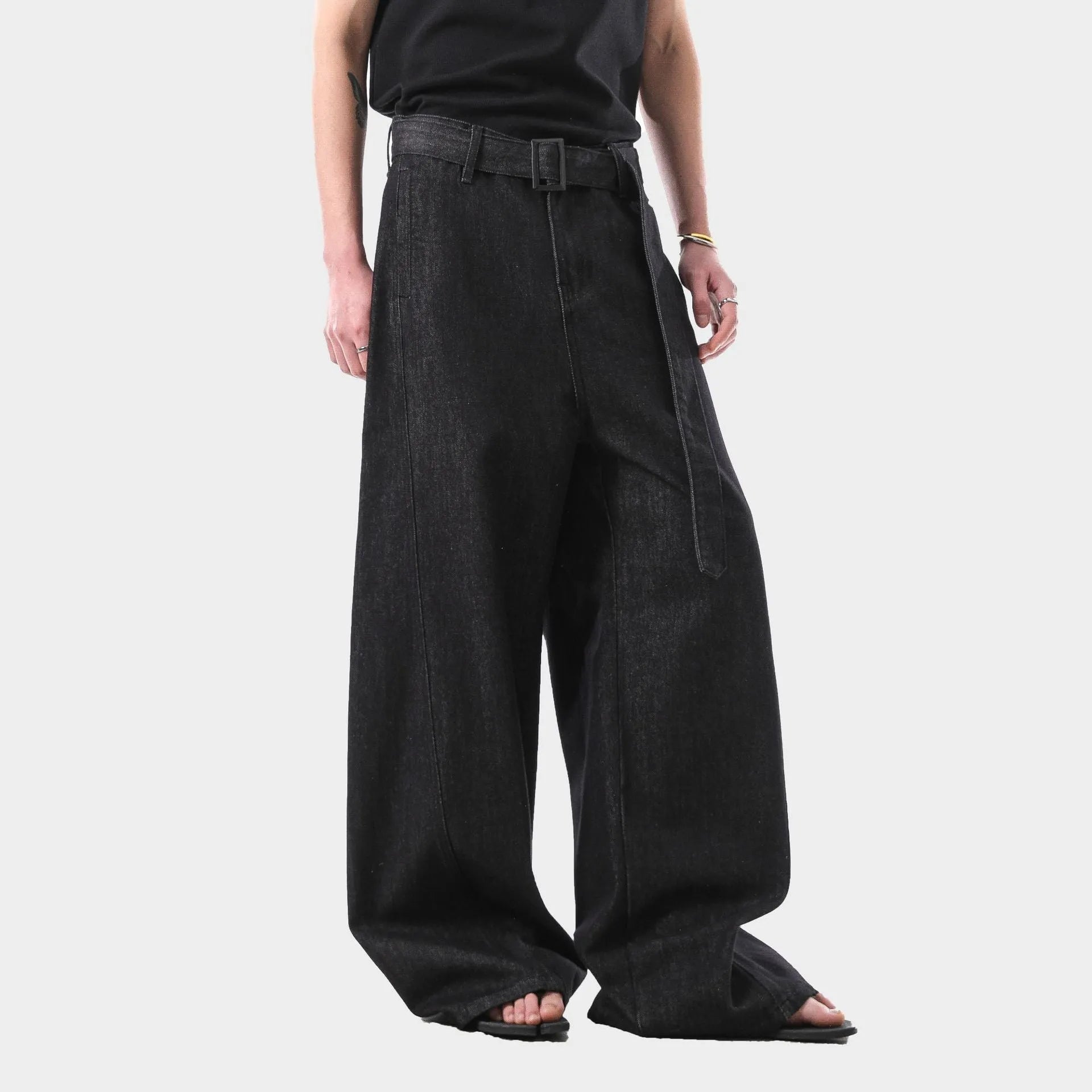 Black high waist straight leg jeans with zip fly in American retro style