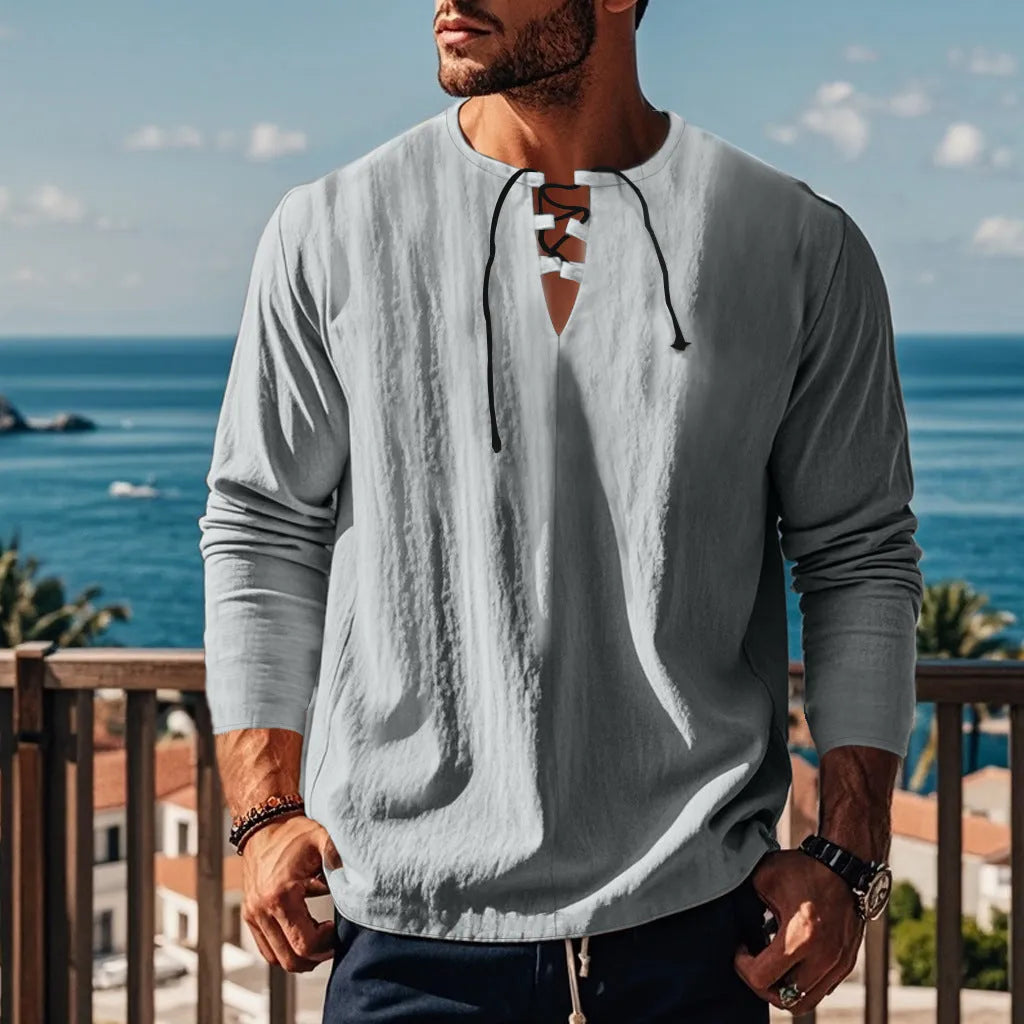 Men's solid colour cotton linen beach ruff pullover shirt in loose fit