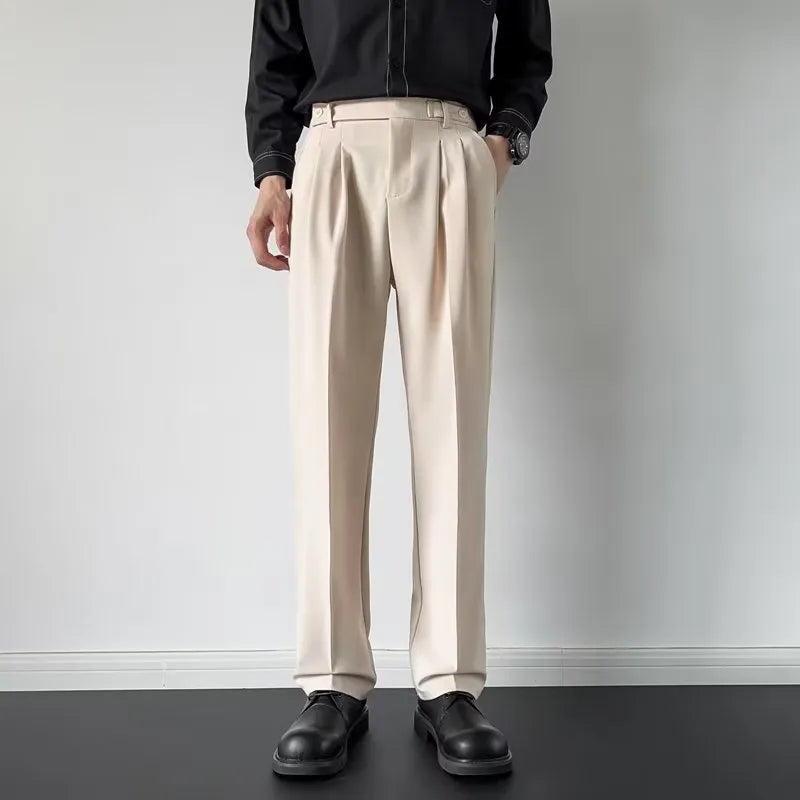 Men's straight loose fit suit trousers in apricot and black colours with polyester fabric