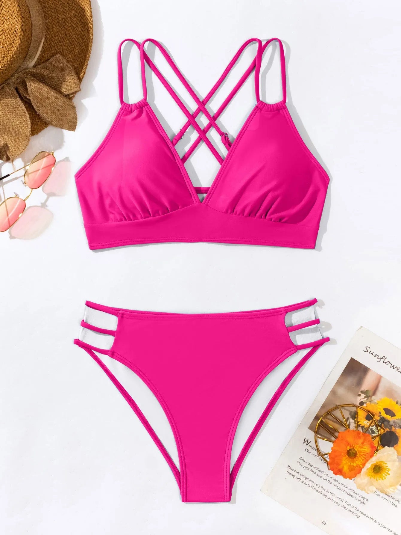 Women's V-neck halter bikini swimsuit with split bottoms in multiple colour options