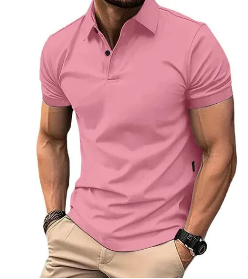 Men's slim fit cotton blend short sleeve button-up shirt in solid colour