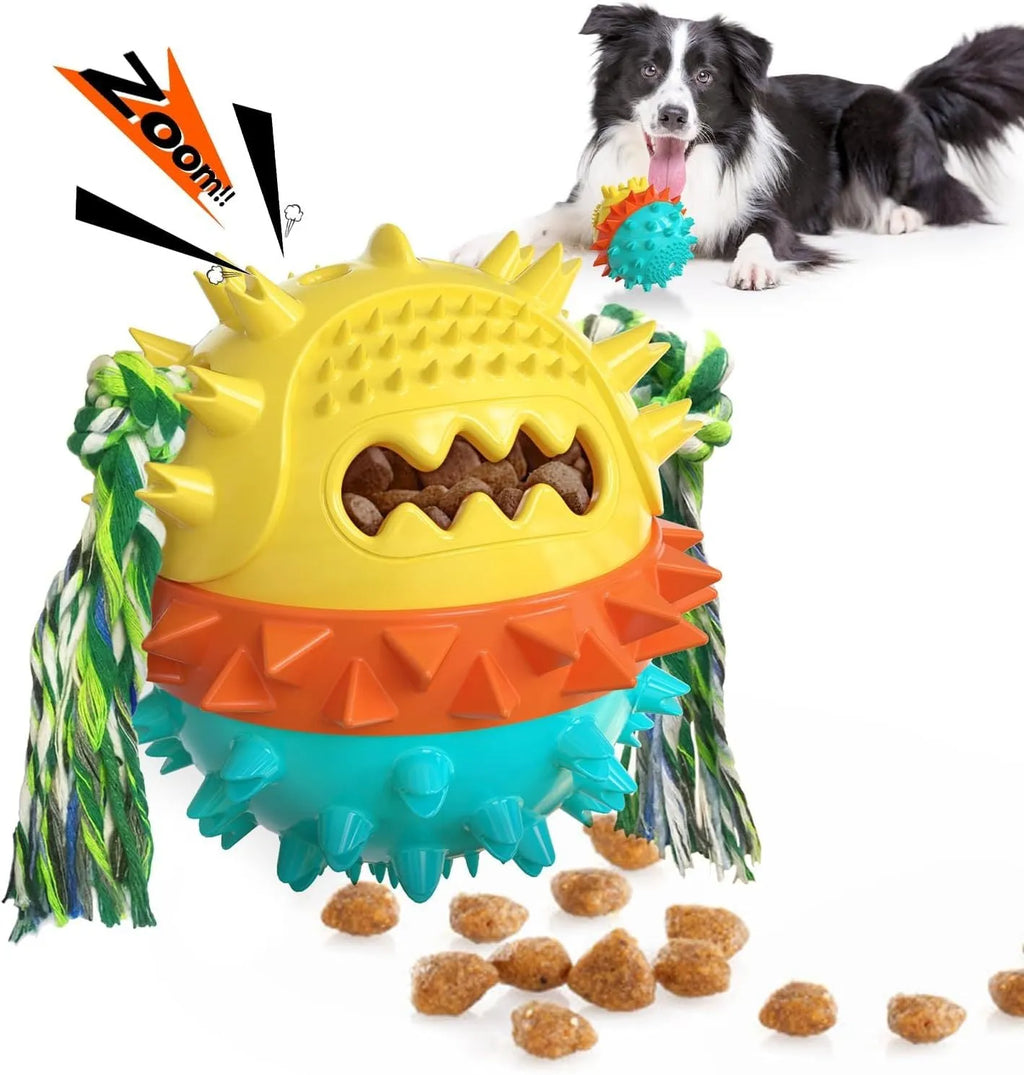 Blue and red ball-shaped dog chew toy with dental bumps and treat dispenser hole