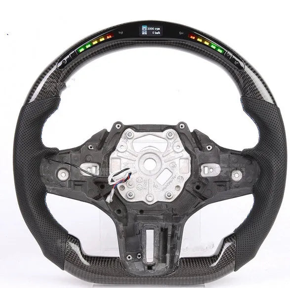 Black carbon fibre BMW steering wheel with LED controls and heating function