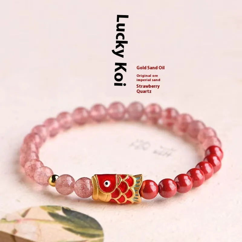Purple cinnabar and strawberry quartz bead bracelet on adjustable cord for women
