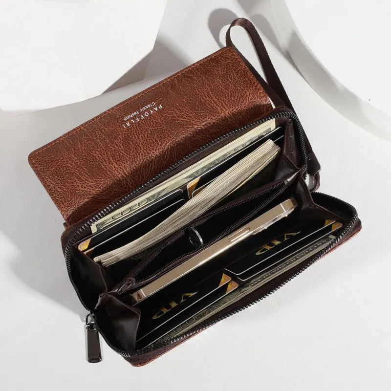 Men's black PU leather long wallet with multiple card slots, shown with dimensions.