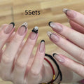 False nails for girls showing short square and coffin shapes in various solid and sparkle colours