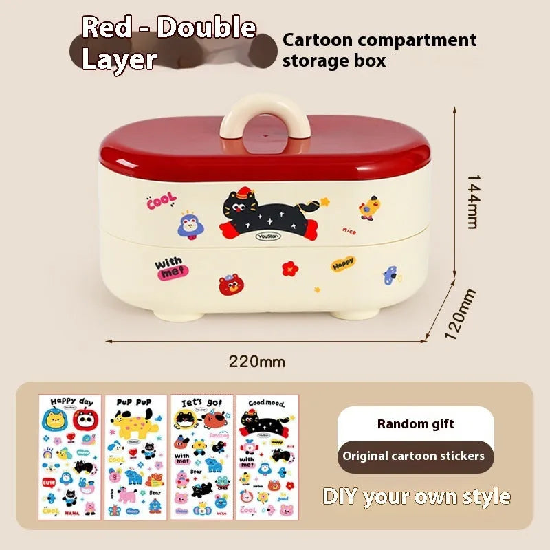 Red and brown cartoon-style desktop storage organiser with grid pattern and sticker set for labelling.