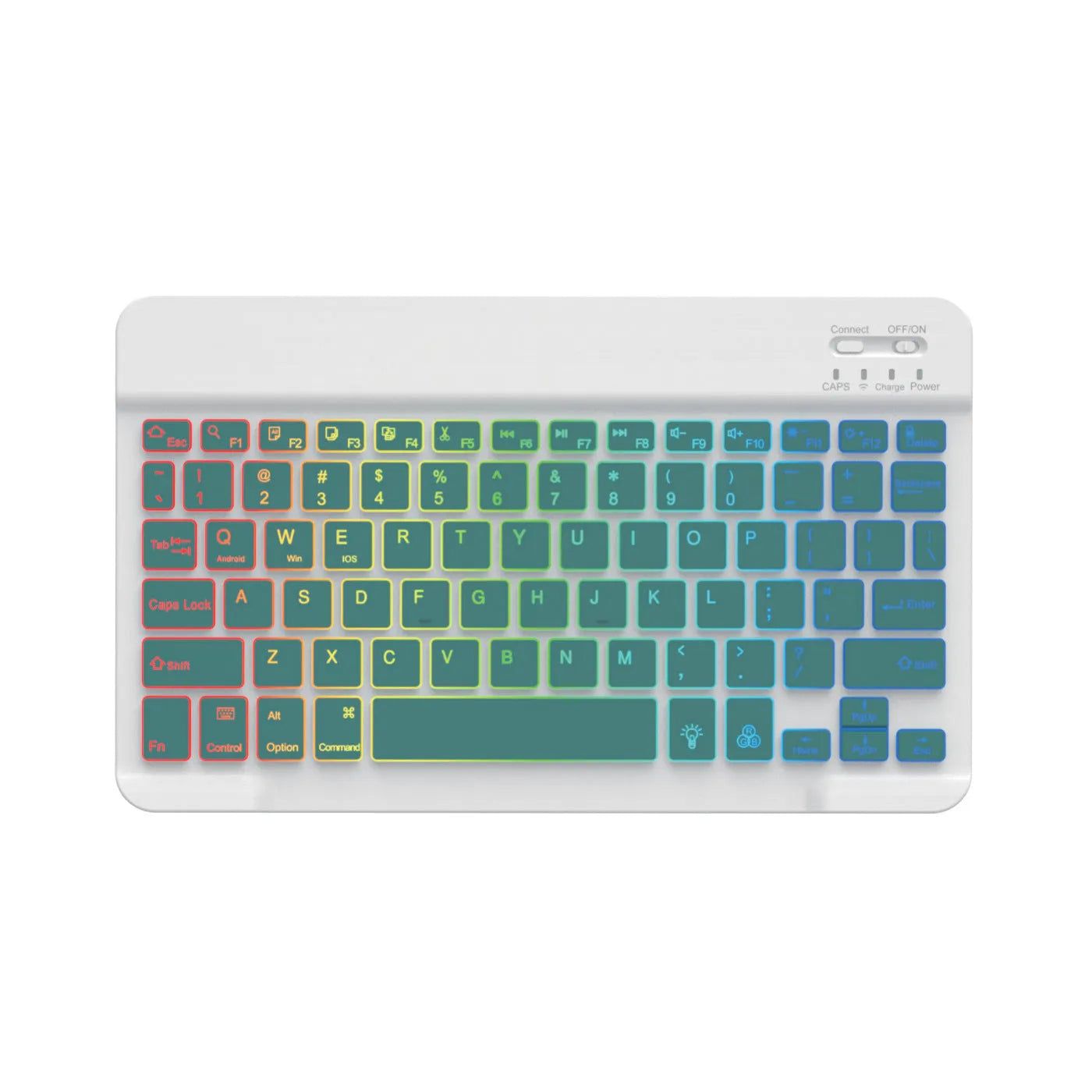 10-inch backlit Bluetooth keyboard for tablets showing eight colour options including black, white, pink, blue, green, purple, yellow, dark green