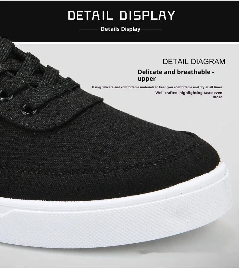Men's black cloth cover low top canvas shoes with lace-up closure and rubber sole