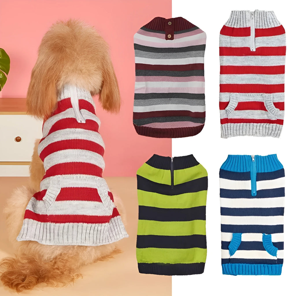 Grey acrylic dog sweater on a mannequin, showing horizontal zipper and button pocket.