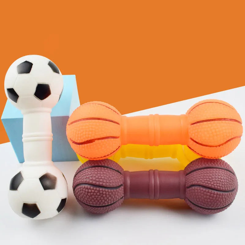 Football dumbbell shaped squeaky dog chew toy in orange colour