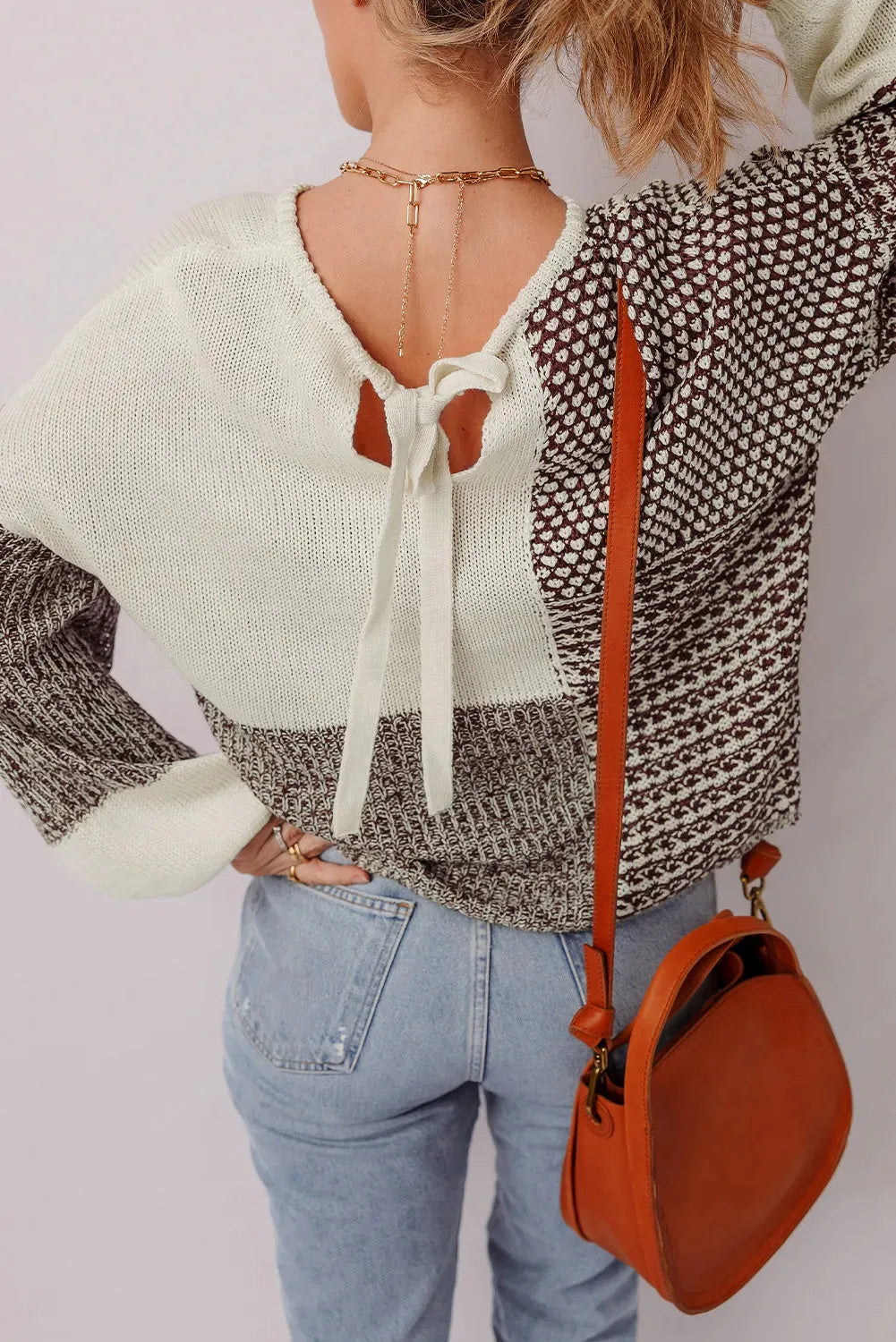 Dark khaki colour block drop shoulder sweater with long sleeves and a back tie.