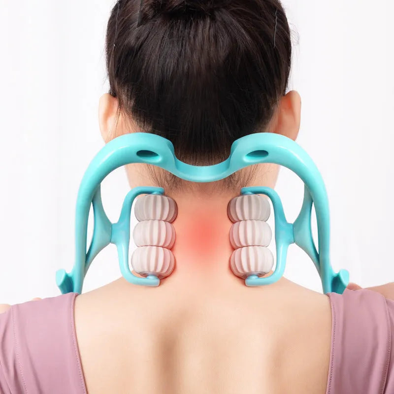 Blue plastic six-wheel neck and shoulder massager showing rotating mechanism