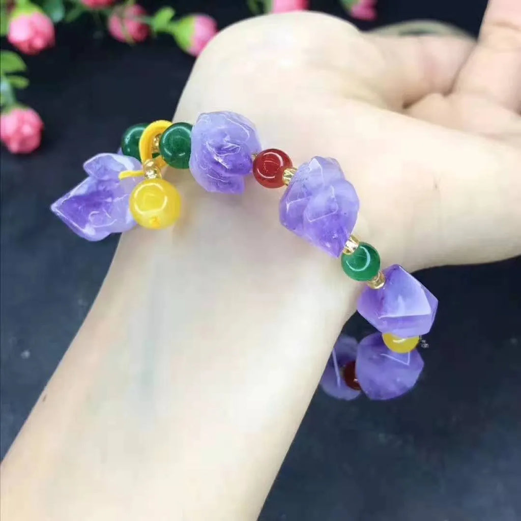 Women's natural amethyst bracelet with shaped stone beads and fu character decorative elements