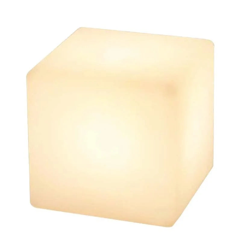 Square LED cube light stool in modern design showing waterproof PE construction with solar panel or charging port visible