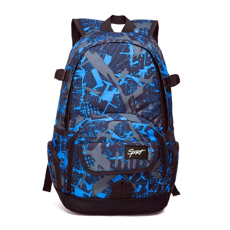 Blue and red classic nylon backpack with large main compartment and front pockets