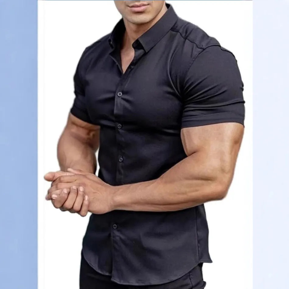 Men's brown short sleeve casual cardigan shirt with a collar.