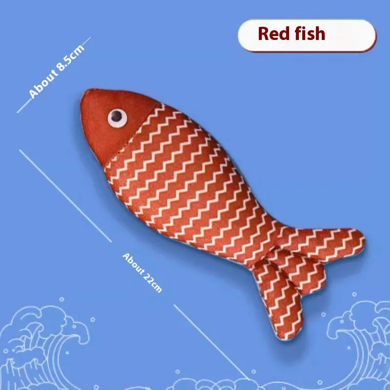 Catnip stuffed fish toy for cats in blue, red and yellow colour options showing large and medium size comparison