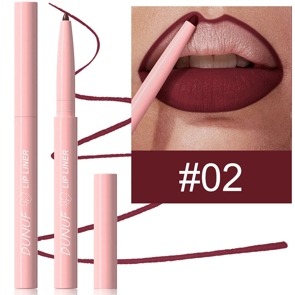 Velvet matte lip liner pencil in one of 12 available shades on a white background.