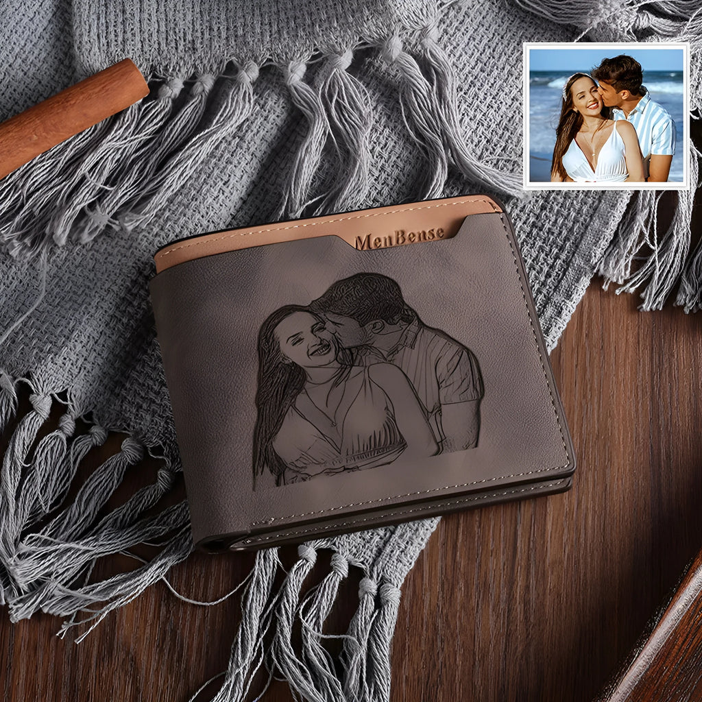 Engraved horizontal short wallet in coffee PU with seven card slots