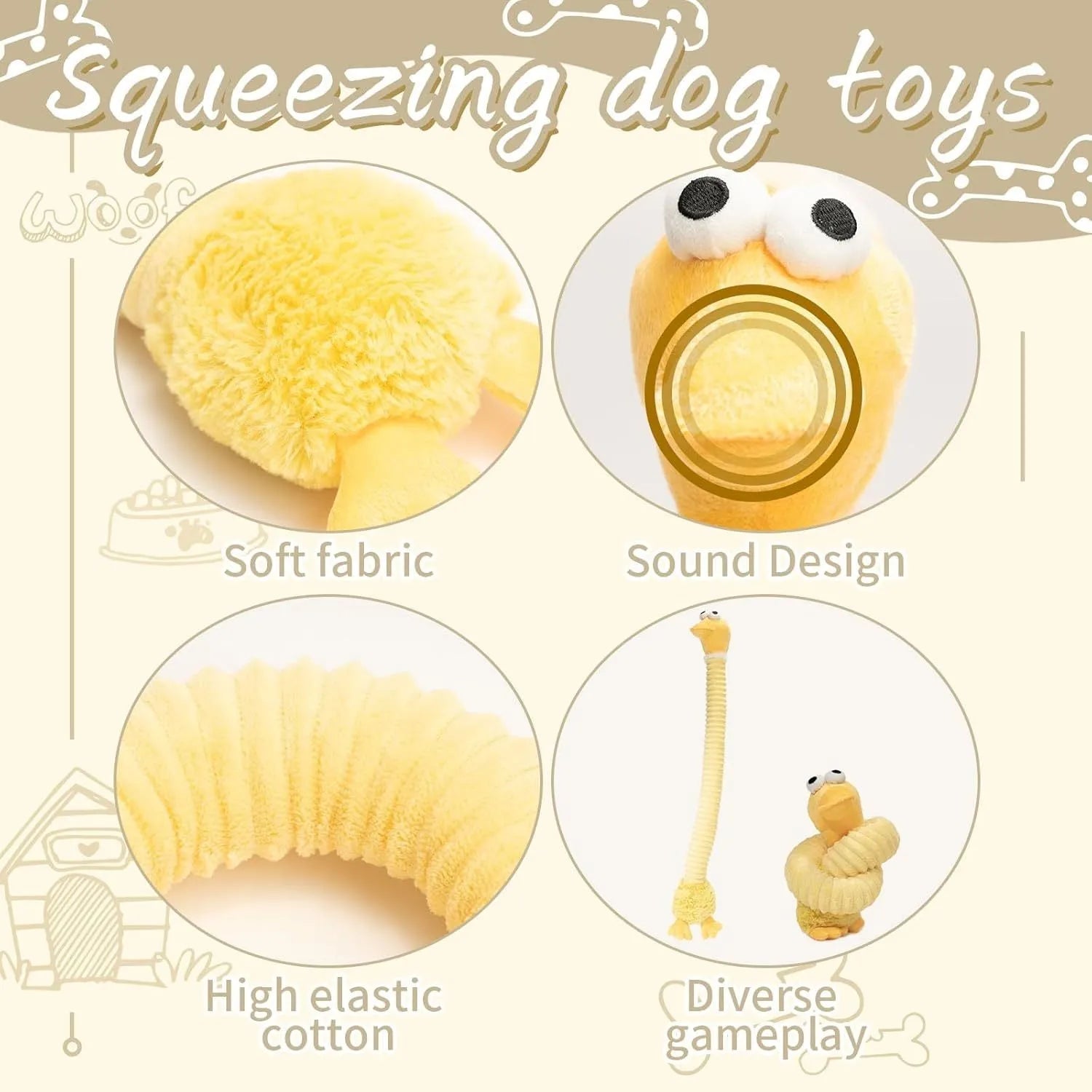 Plush squeaky dog toy with crinkle paper interior in brown, grey, and yellow colours