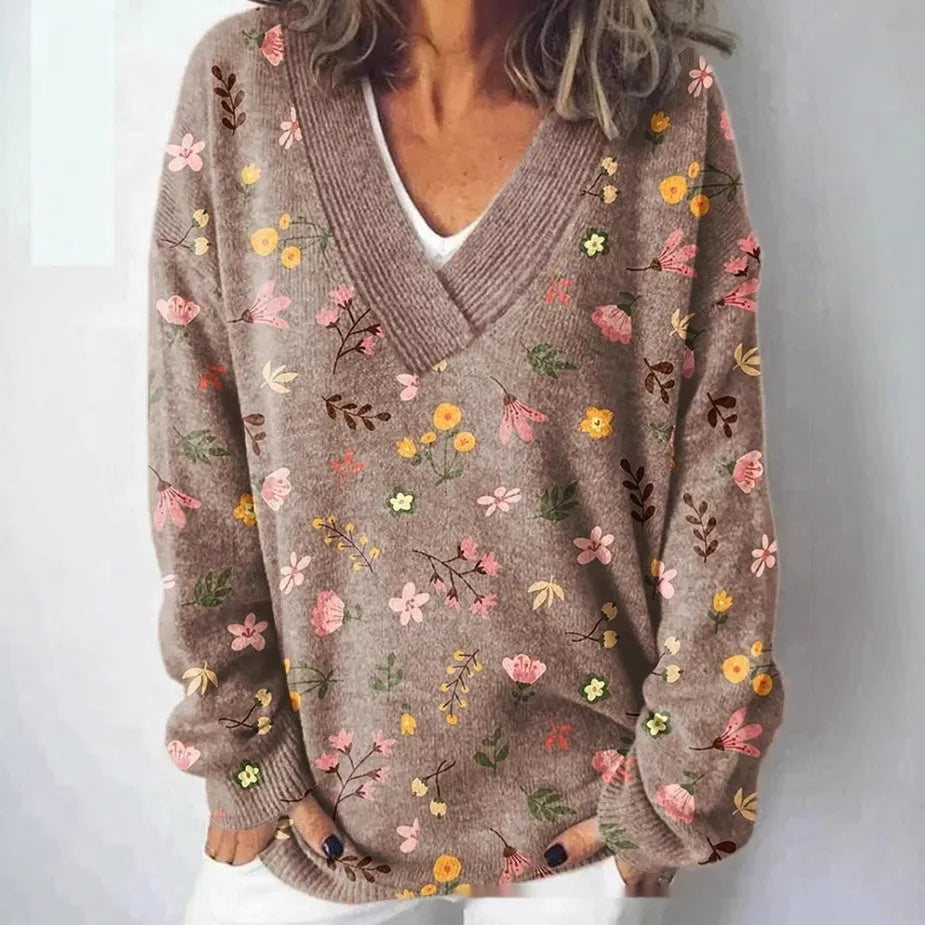 Women's V-neck long sleeve sweatshirt with a detailed 3D floral pattern print in art retro style.