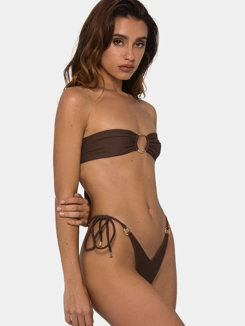 Brown women's tube-top push-up bikini swimsuit with ring tether detail