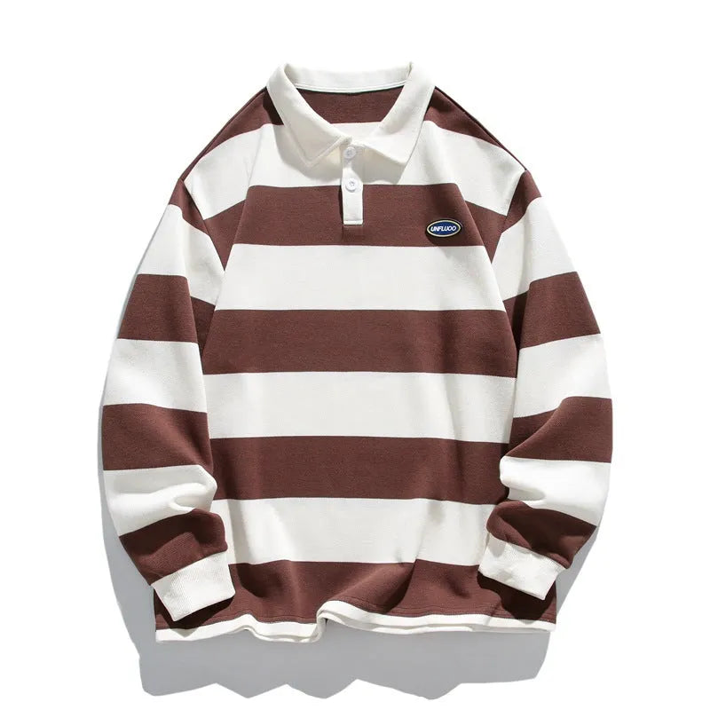 Man's loose fit long sleeve polo shirt with Hong Kong style stripes in pearl cotton fabric, shown in coffee colour.