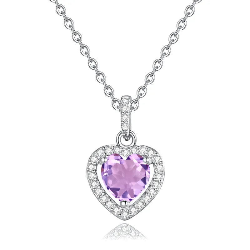 S925 sterling silver heart necklace with natural gemstone pendant on an adjustable cross chain.