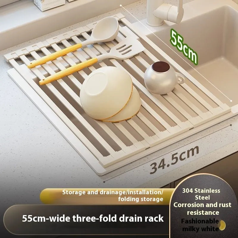 Foldable milky white stainless steel kitchen draining rack shown open and collapsed.