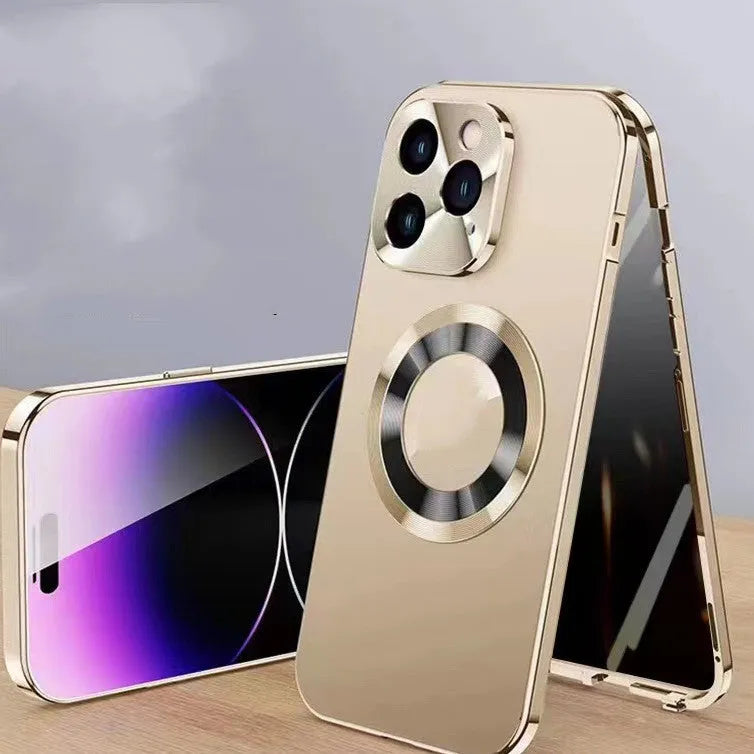 Magnetic iPhone case with anti-peep metal clip in black, blue, gold, purple and silver colour options