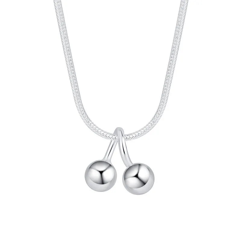 Silver cherry necklace on adjustable snake bone chain with S925 silver construction